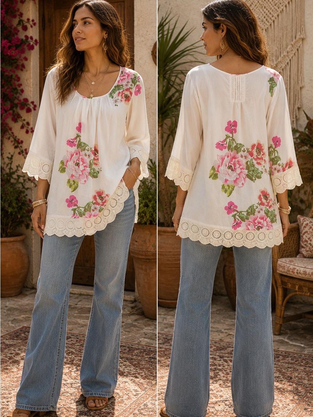 Johnny Was Pink Floral and Lace Tunic Top 🌼 🦋